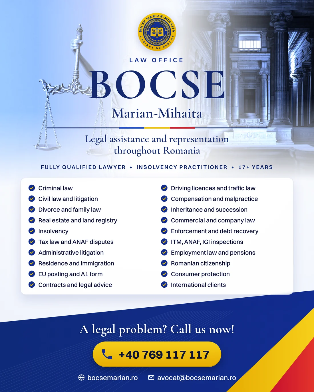 Overview of the legal services offered by the Bocse Marian-Mihaita Law Office